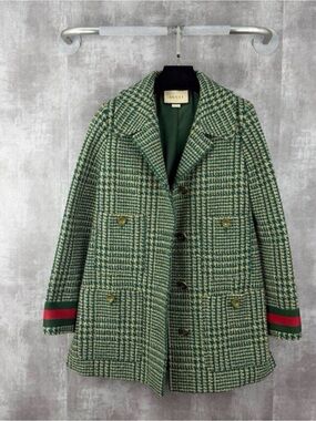 Gucci Green Houndstooth Wool Pea Coat with Red & Green Cuff Stripe